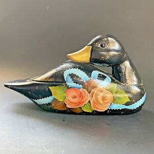 Vtg Hand‎ Carved Painted Wooden Duck or Goose Signed ML MANN Floral Primitive